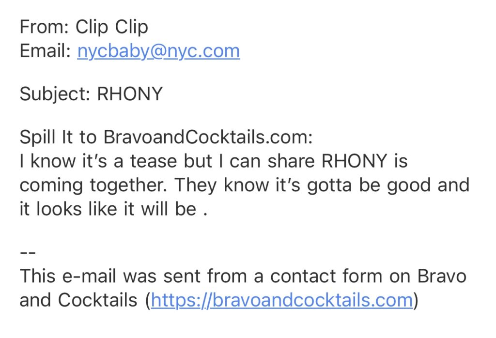 screenshot of an email sent to Bravo and Cocktails.