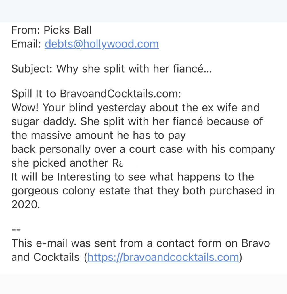 screen shot of an email sent to Bravo and Cocktails