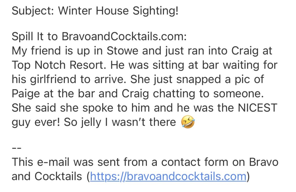 screenshot of an email to Bravo and Cocktails' Send us Tea page