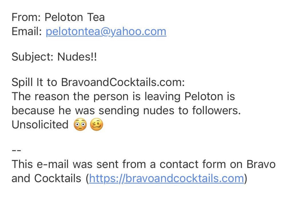 a screenshot of an email to Bravo and Cocktails