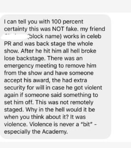 text message conversation about the oscar slap