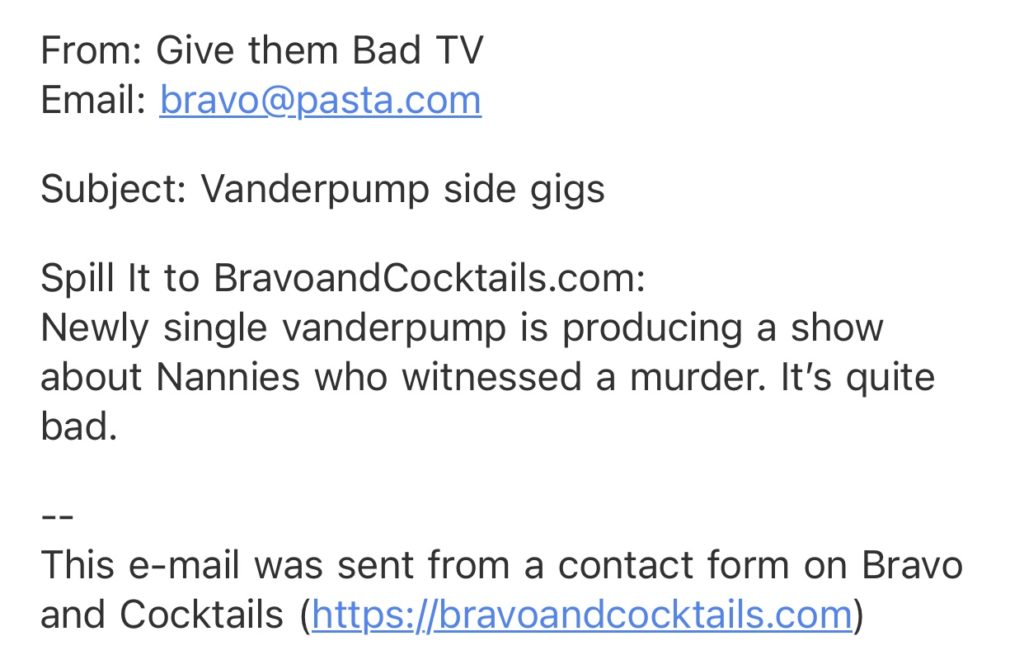 screenshot of an anonymous email sent to Bravo and Cocktails "Send us tea" page