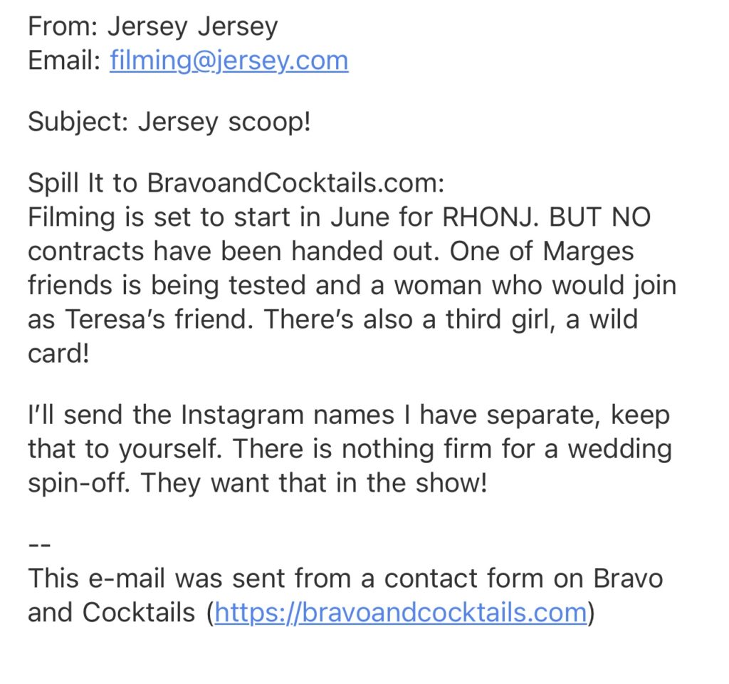 screenshot of an email sent in to Bravo and Cocktails