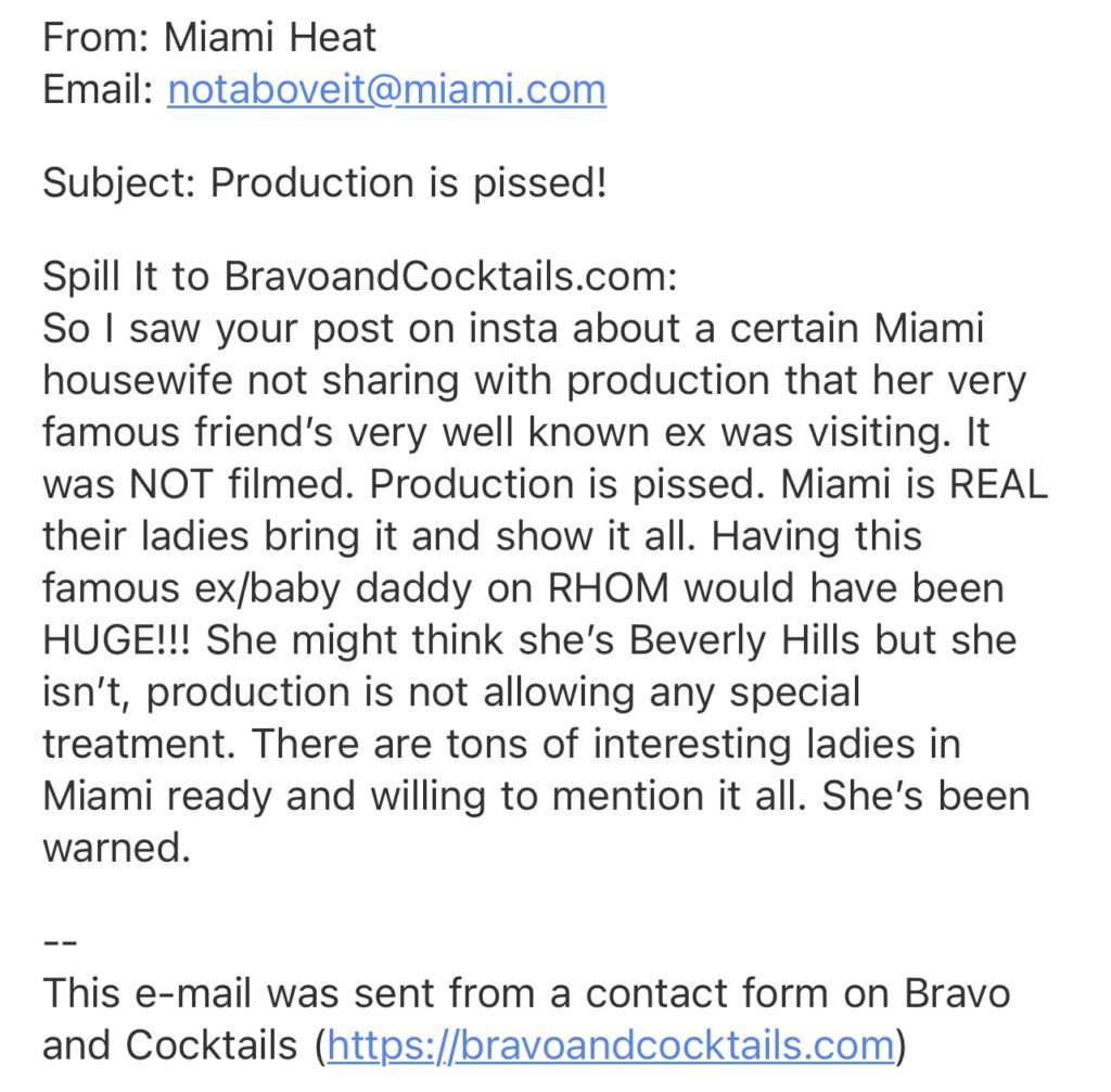 screenshot of an email sent to Bravo and Cocktails.