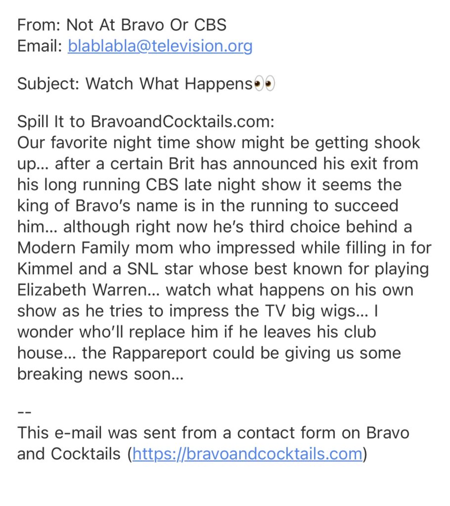 screenshot of an email sent to Bravo and Cocktails