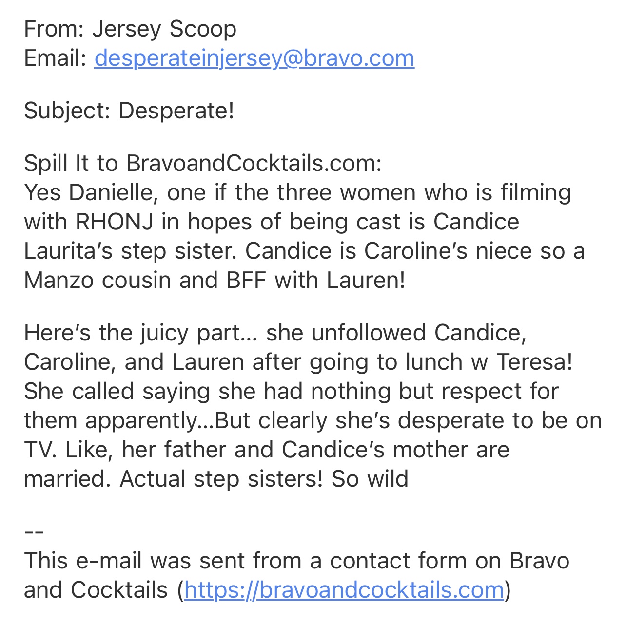 screenshot of an email sent to Bravo and Cocktails