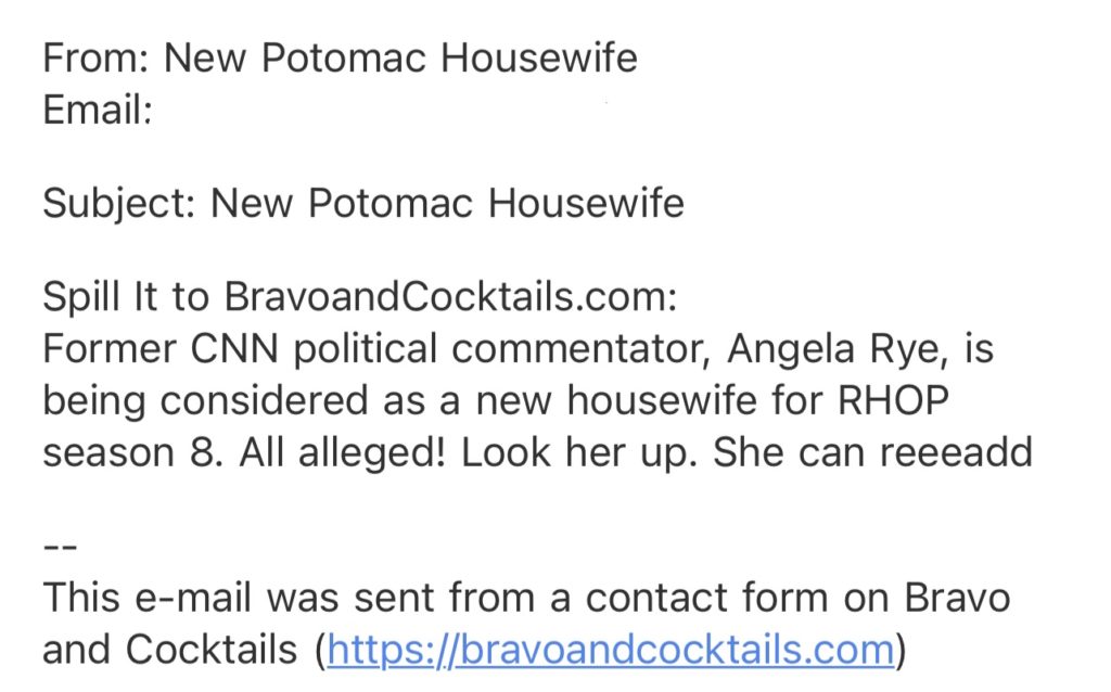 screenshot of an email to Bravo and Cocktails