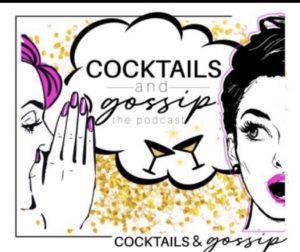 illustration of two women whispering with glasses clinking, and text reads, Cocktails and Gossip