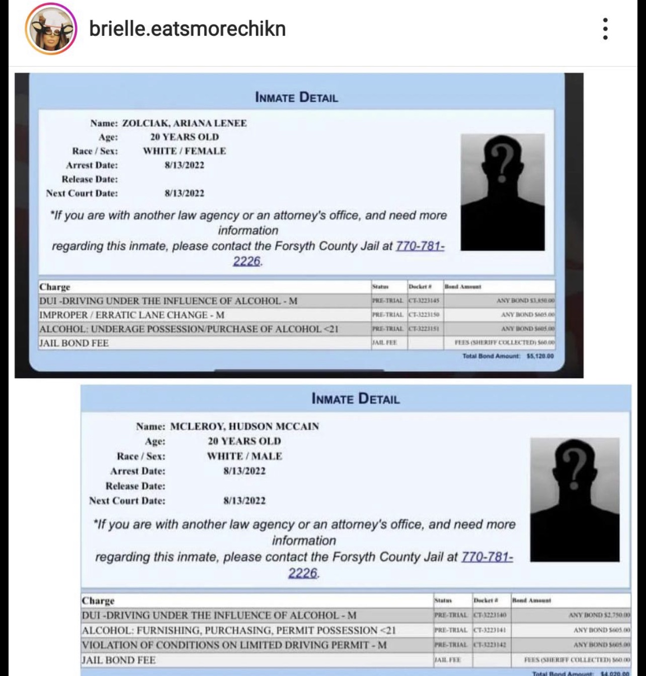 screenshots of arrest records