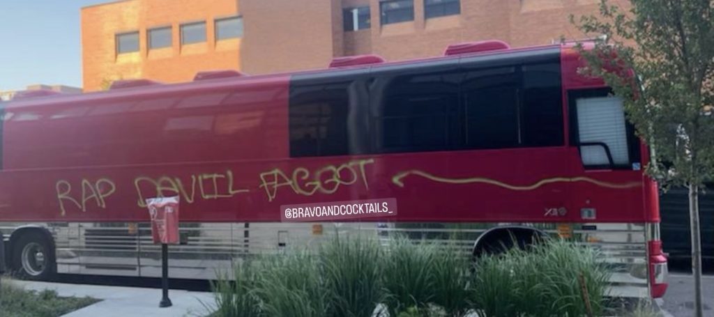 a tour bus that has been tagged