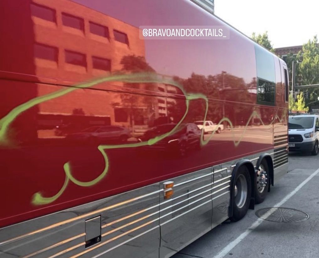 a vandalized tour bus