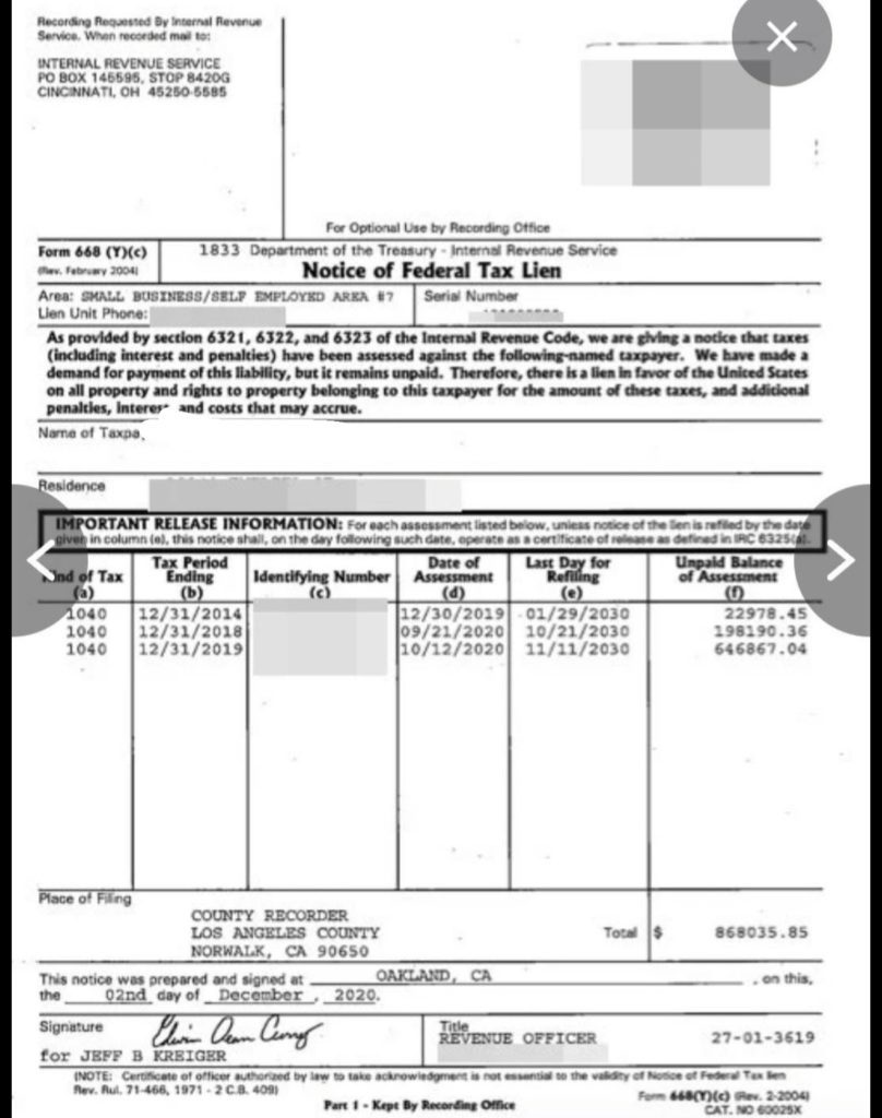 screenshot of a tax lien