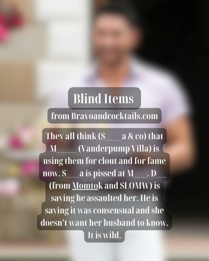 blurred image of a man with copy superimposed over it talking about a blind about a Vanderpump Villa castmember using others for clout