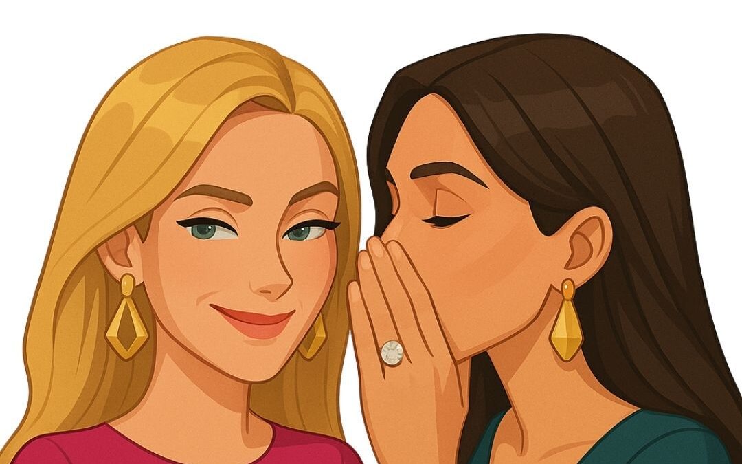 cartoon of two women whispering with headline