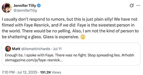 Jennifer Tilly responds to Faye Resnick rumor