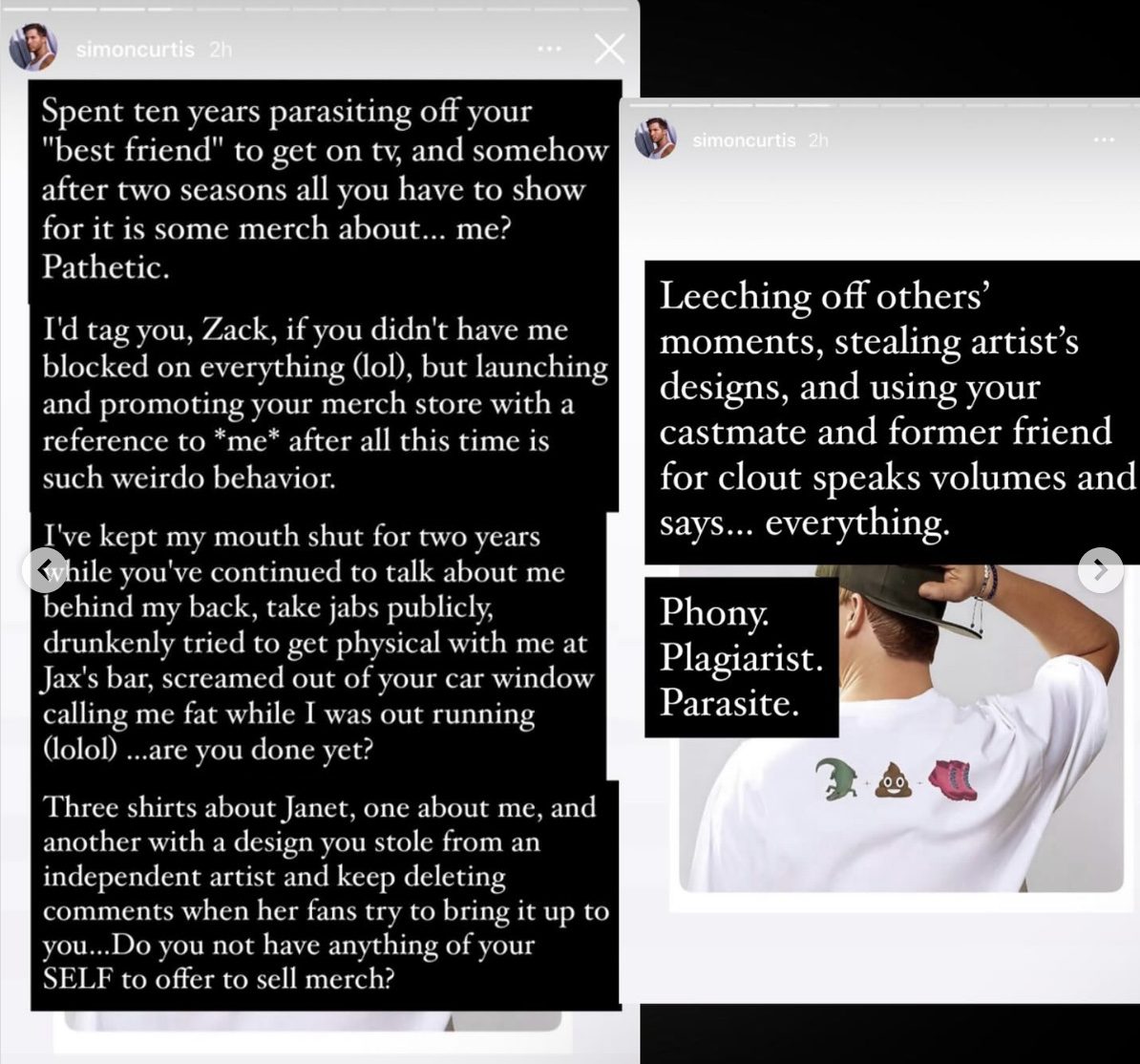 Screenshots of Simon Curtis' rant about Zack Wickham 