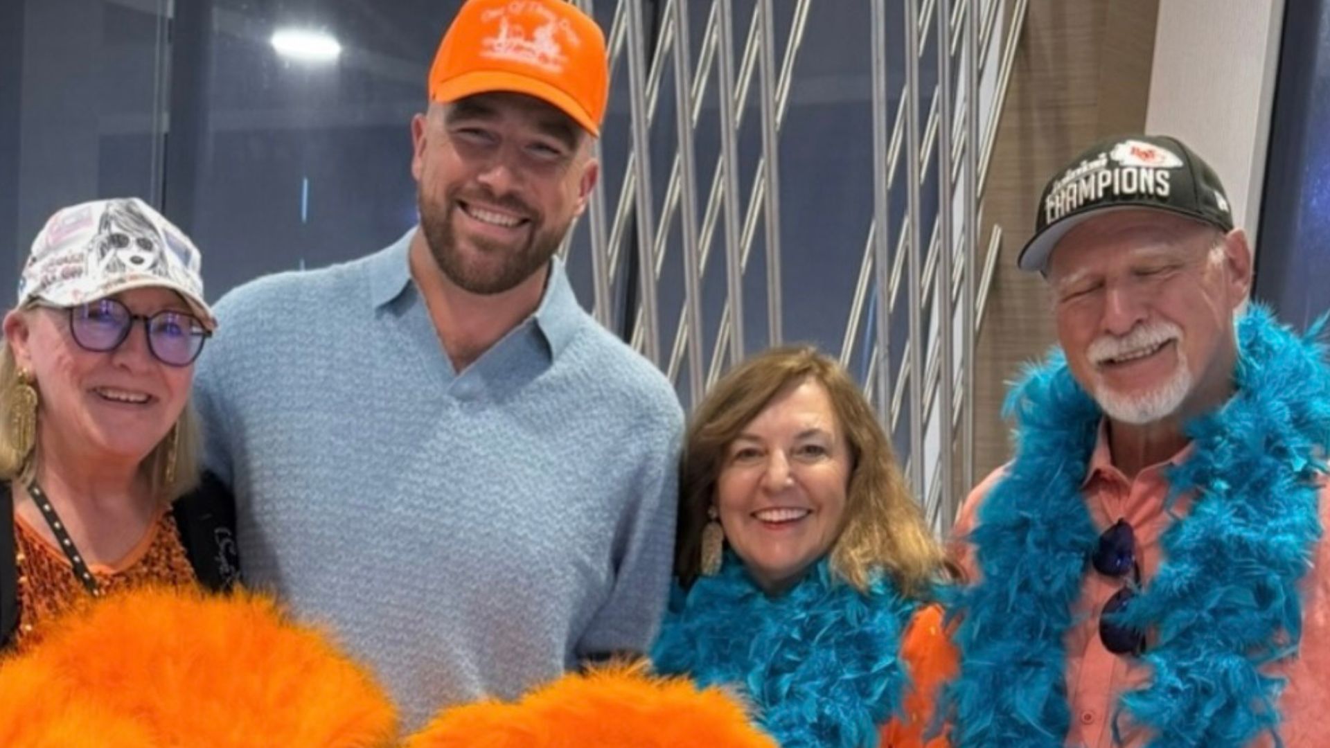 Travis Kelce and Donna celebrating the release of Taylor Swift's Life of a Showgirl album