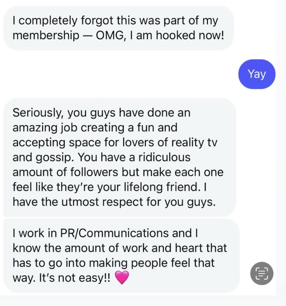 screenshot of a text testimonial from a Cocktail party member 