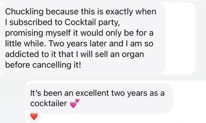screenshot of a text testimonial from a Cocktail party member