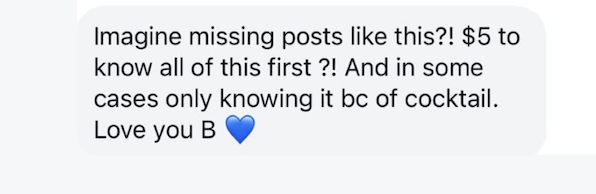 screenshot of a DMtestimonial from a Cocktail party member