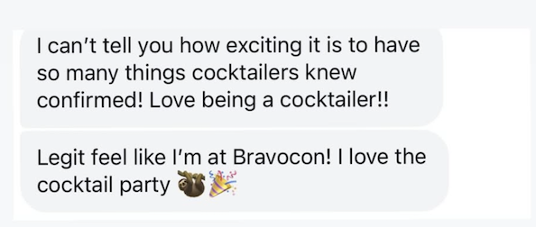 screenshot of a DM testimonial sent to Bravo and Cocktails rom a Cocktail party member